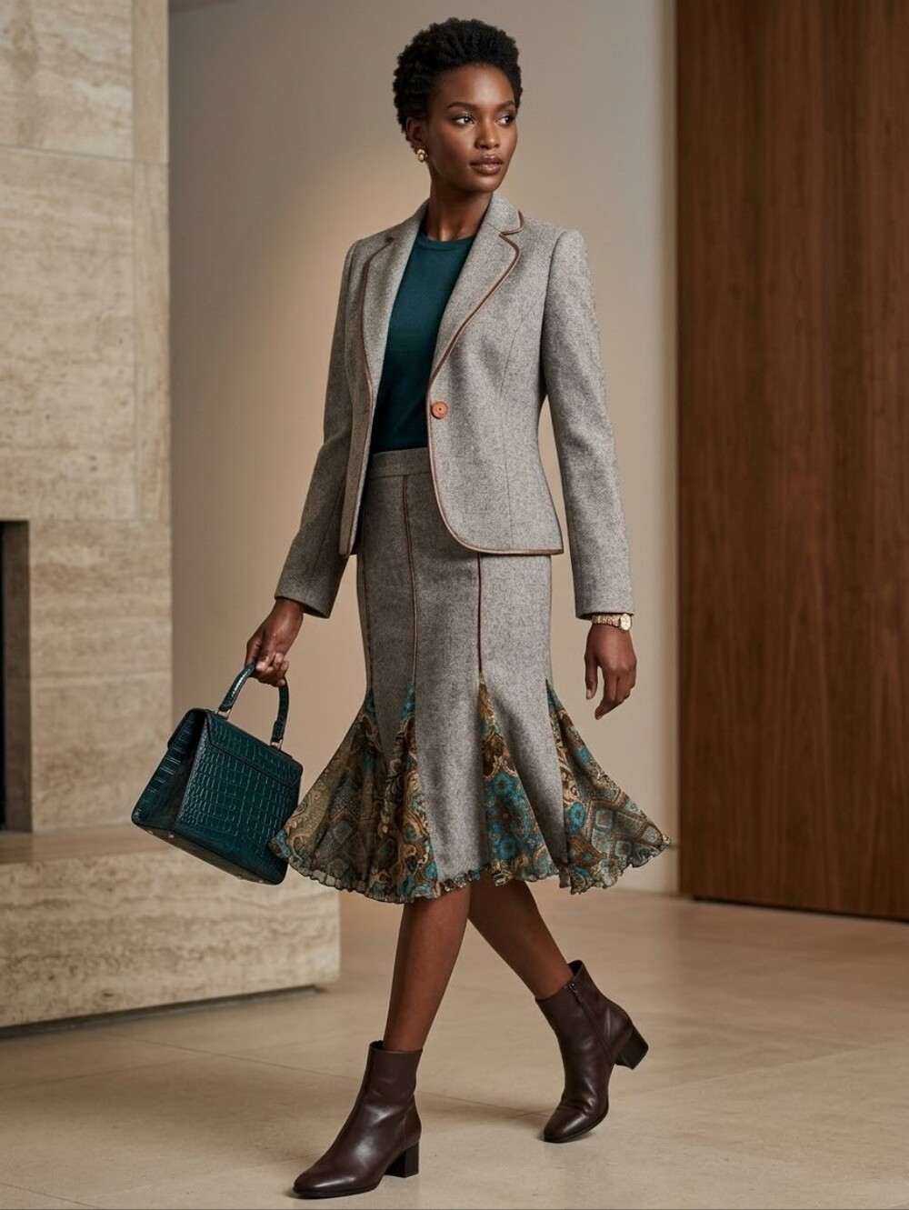 Artist Wool 2 Piece Suit Tailored Blazer Velvet Piping & Skirt Paisley Print